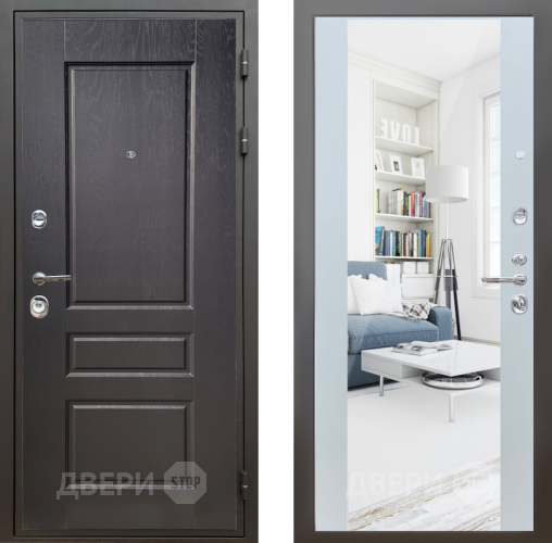 Входная металлическая Дверь Шелтер (SHELTER) Комфорт Дуб английский 13 с зеркалом Белый матовый в Пушкино