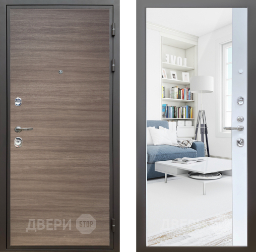 Входная металлическая Дверь Шелтер (SHELTER) Комфорт Дуб тоскано поперечный 14 с зеркалом Белый матовый в Пушкино