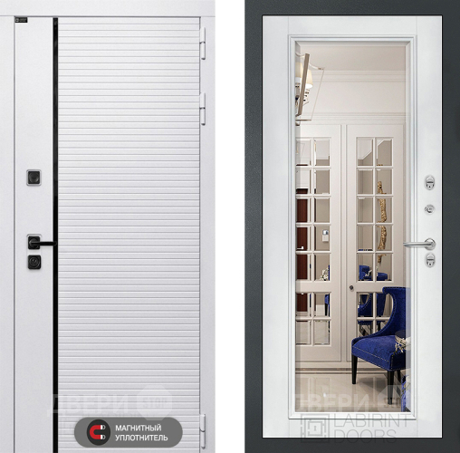 Входная металлическая Дверь Лабиринт (LABIRINT) Royal Зеркало Фацет с багетом Белый софт в Пушкино